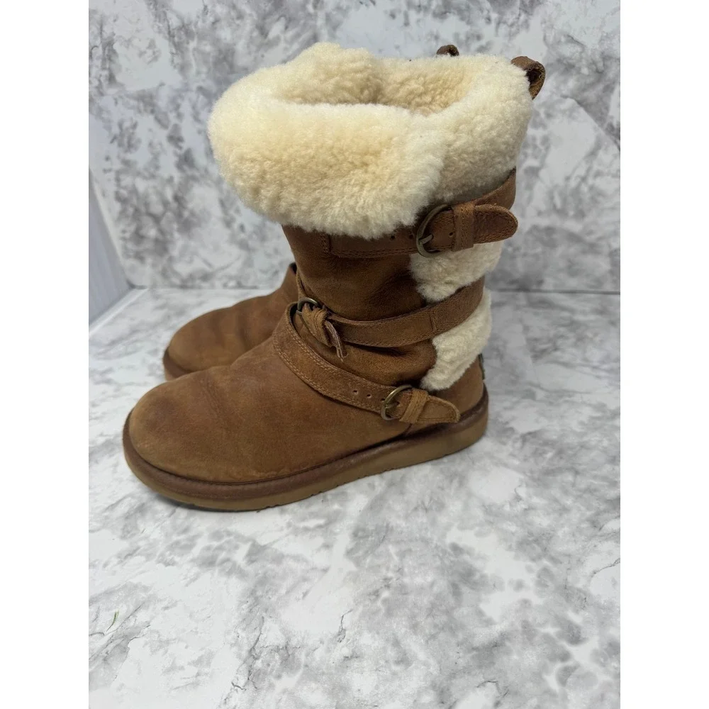 UGG Australia Women Triple Buckle Shearling Suede Boots Chestnut 1008350 6